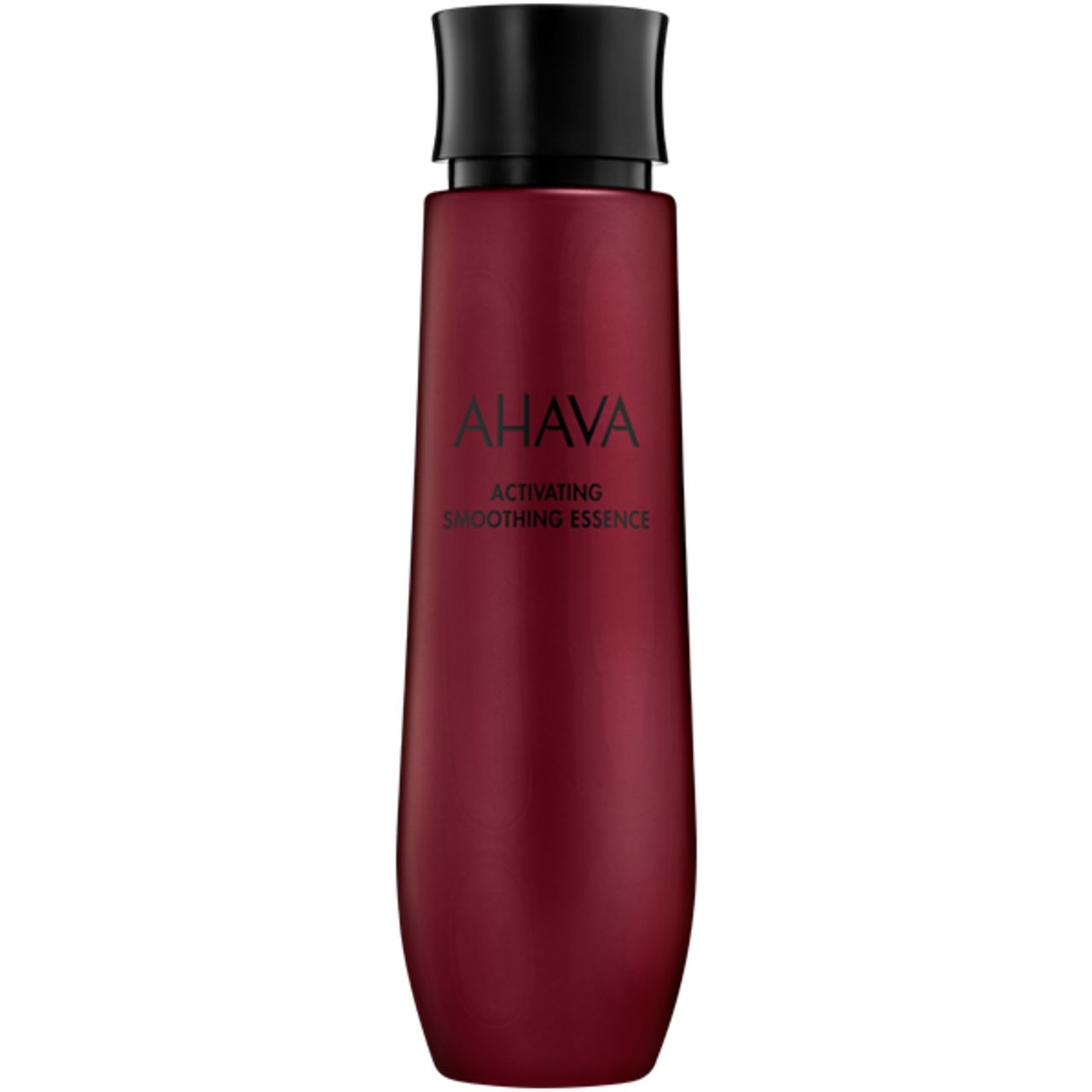 Rode fles met zwarte dop, AHAVA ACTIVATING SMOOTHING ESSENCE opschrift.