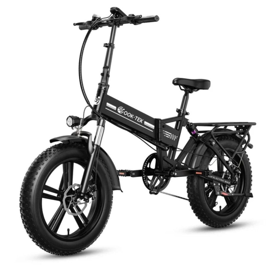 Vélo électrique pliable OOK-TEK E20 noir. Pneus larges, porte-bagages et phare avant.