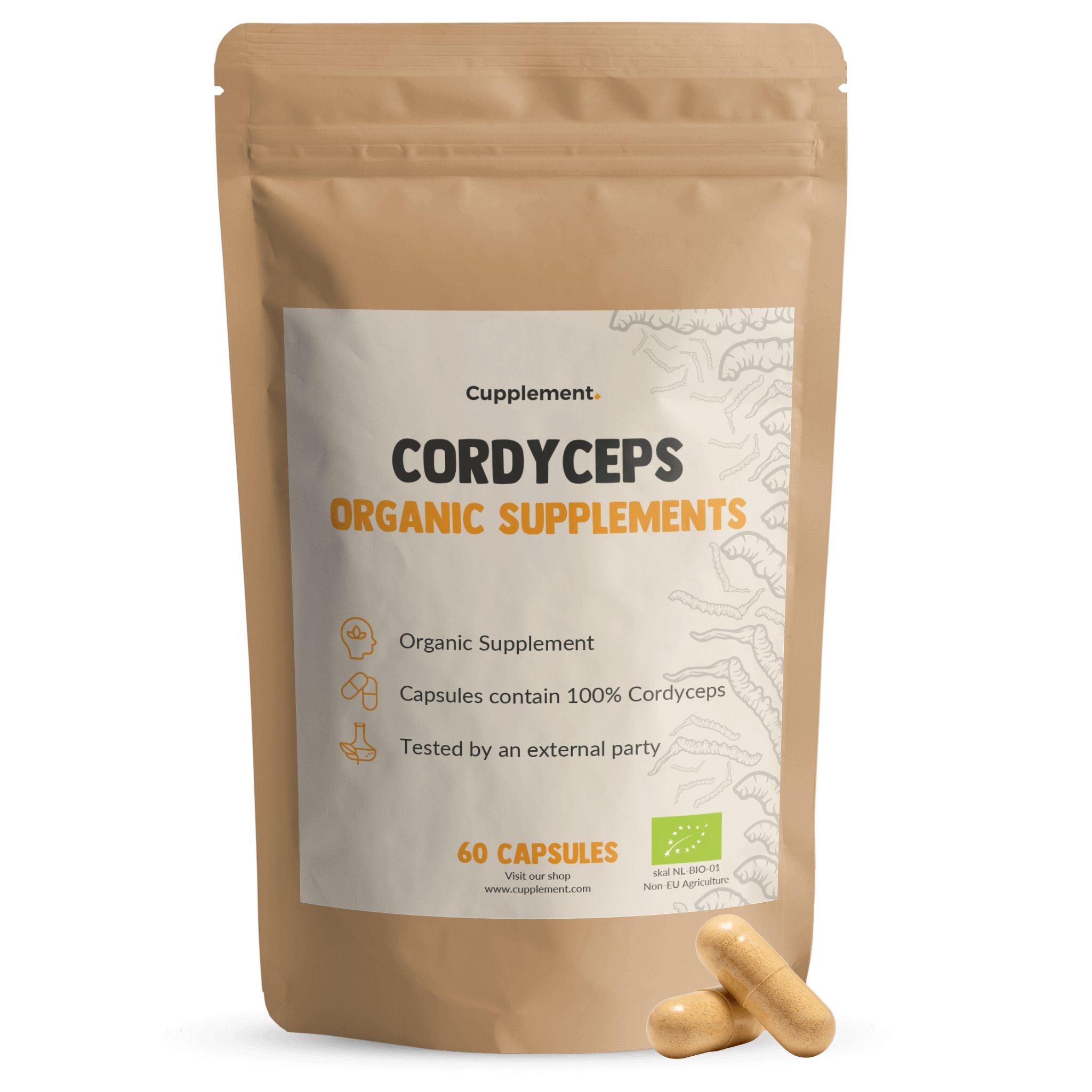 Sachet brun avec étiquette : Cordyceps Organic Supplements. Contient 60 gélules. Deux gélules à côté. Certification biologique.