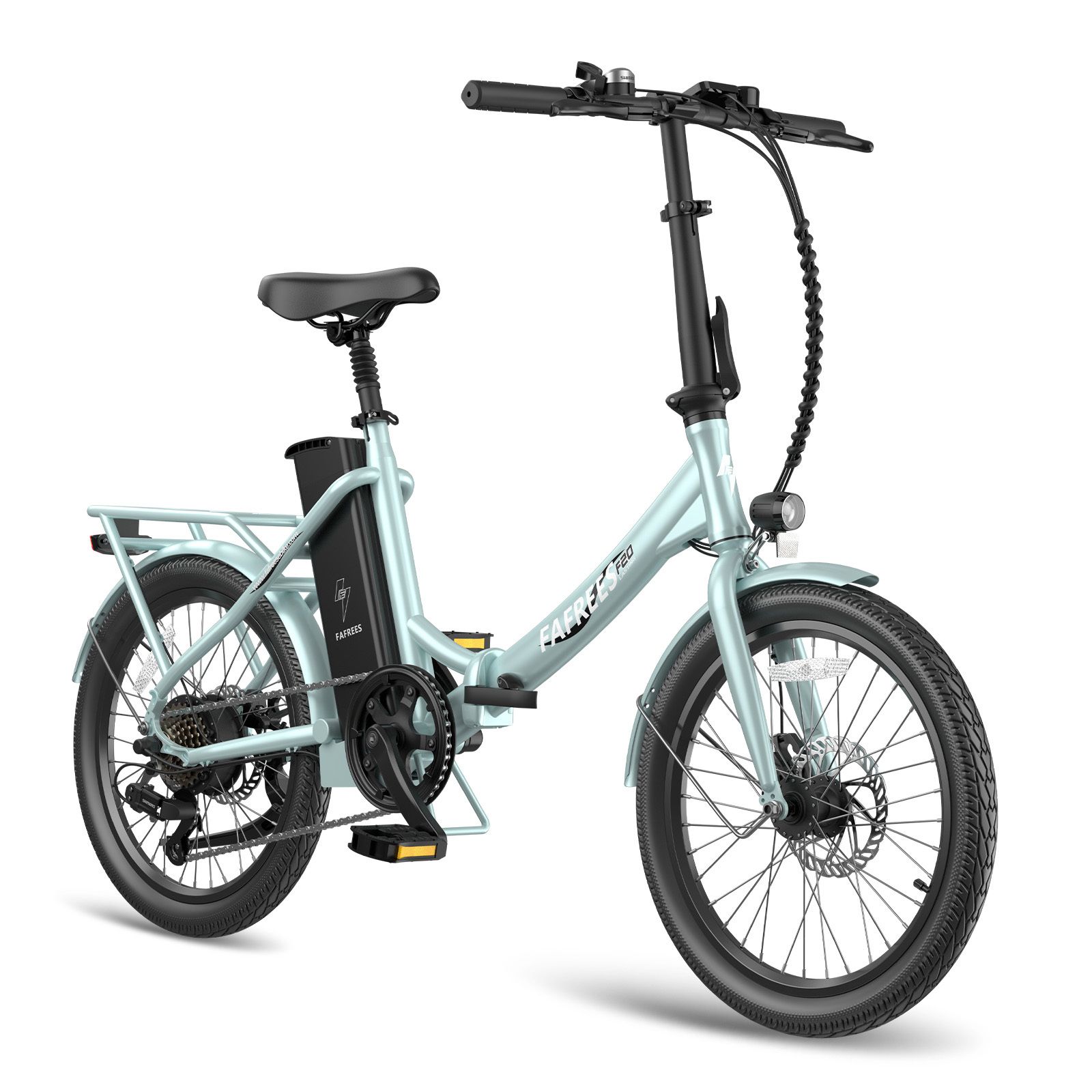 Vélo électrique Fafrees F20 vert clair. Pneus, selle et guidon noirs. Batterie sur le cadre. Porte-bagages arrière.
