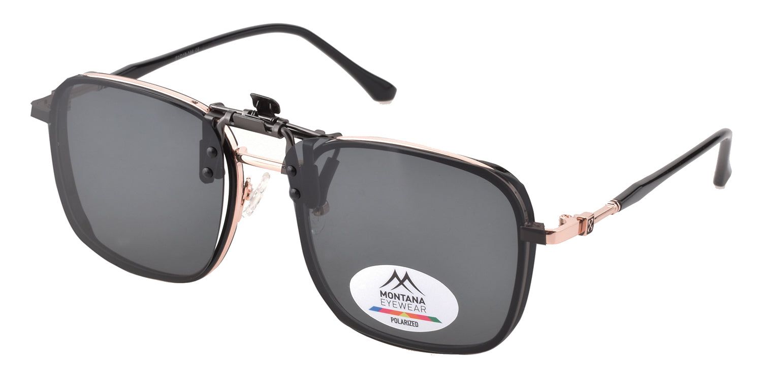 Lunettes de soleil avec clip-on. Monture noire, détails dorés. Logo Montana Eyewear et indication de polarisation.