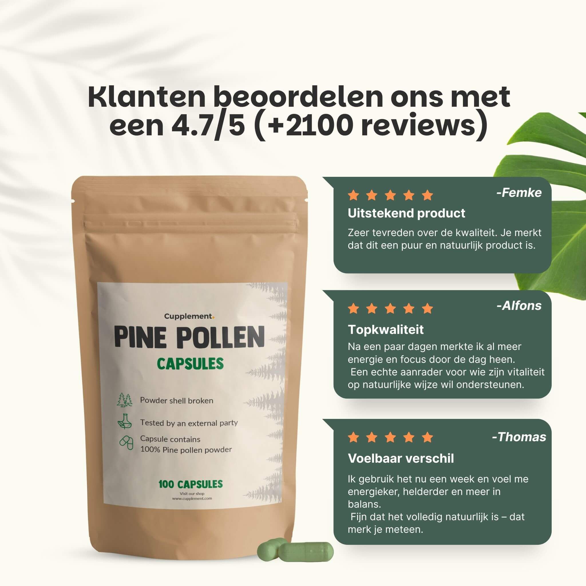 Tekst: Klanten beoordelen ons met 4,7/5 (+2100 beoordelingen). Pijnboompollen capsules. 100 capsules. 3 beoordelingen.