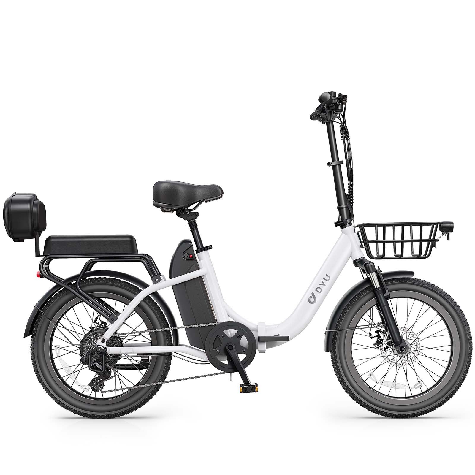 Witte elektrische fiets met mand, bagagedrager, spatborden en zwarte banden. DYU-logo zichtbaar.