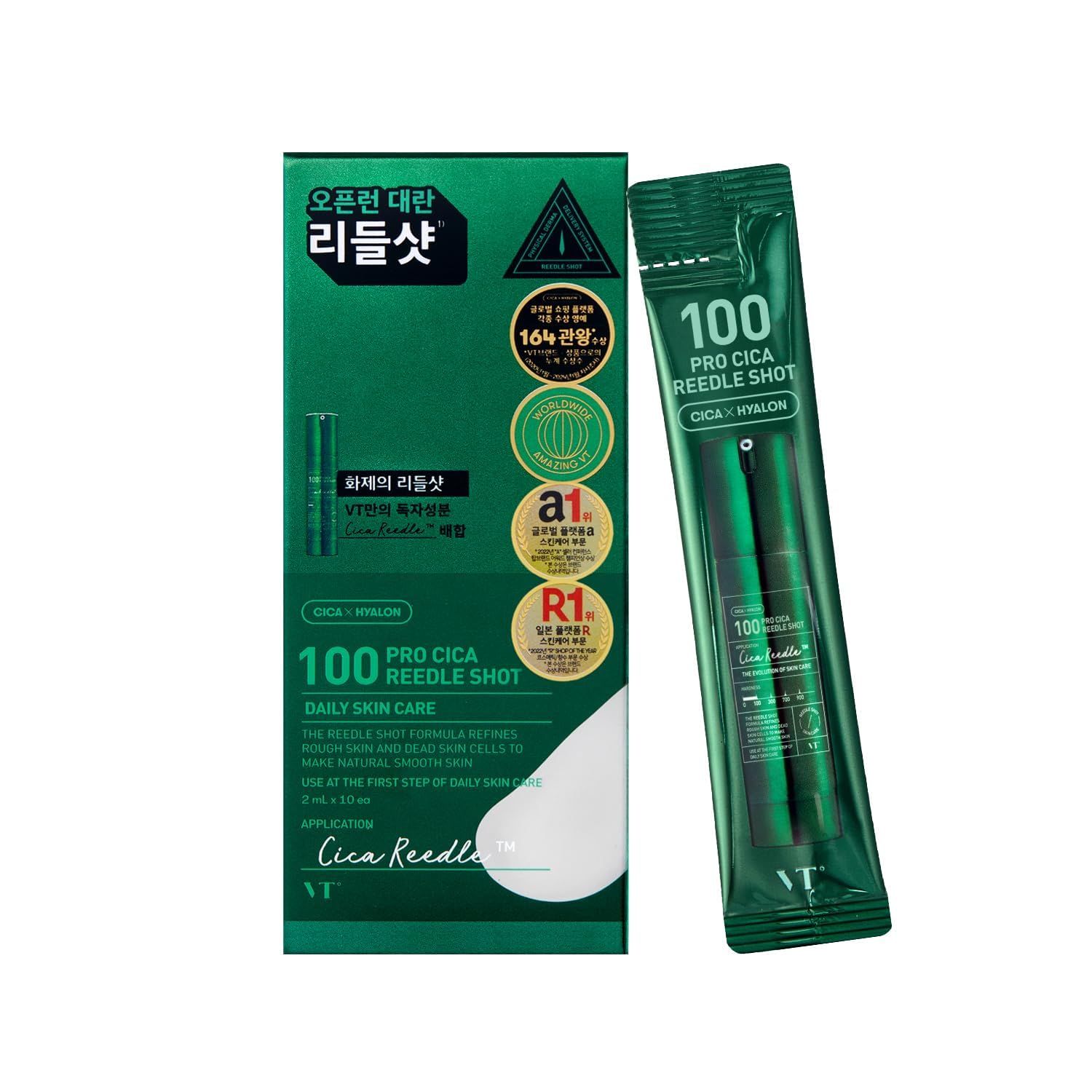 Emballage vert avec produit. Texte: 100 Pro Cica Reedle Shot. Cica x Hyalon. Certifications.