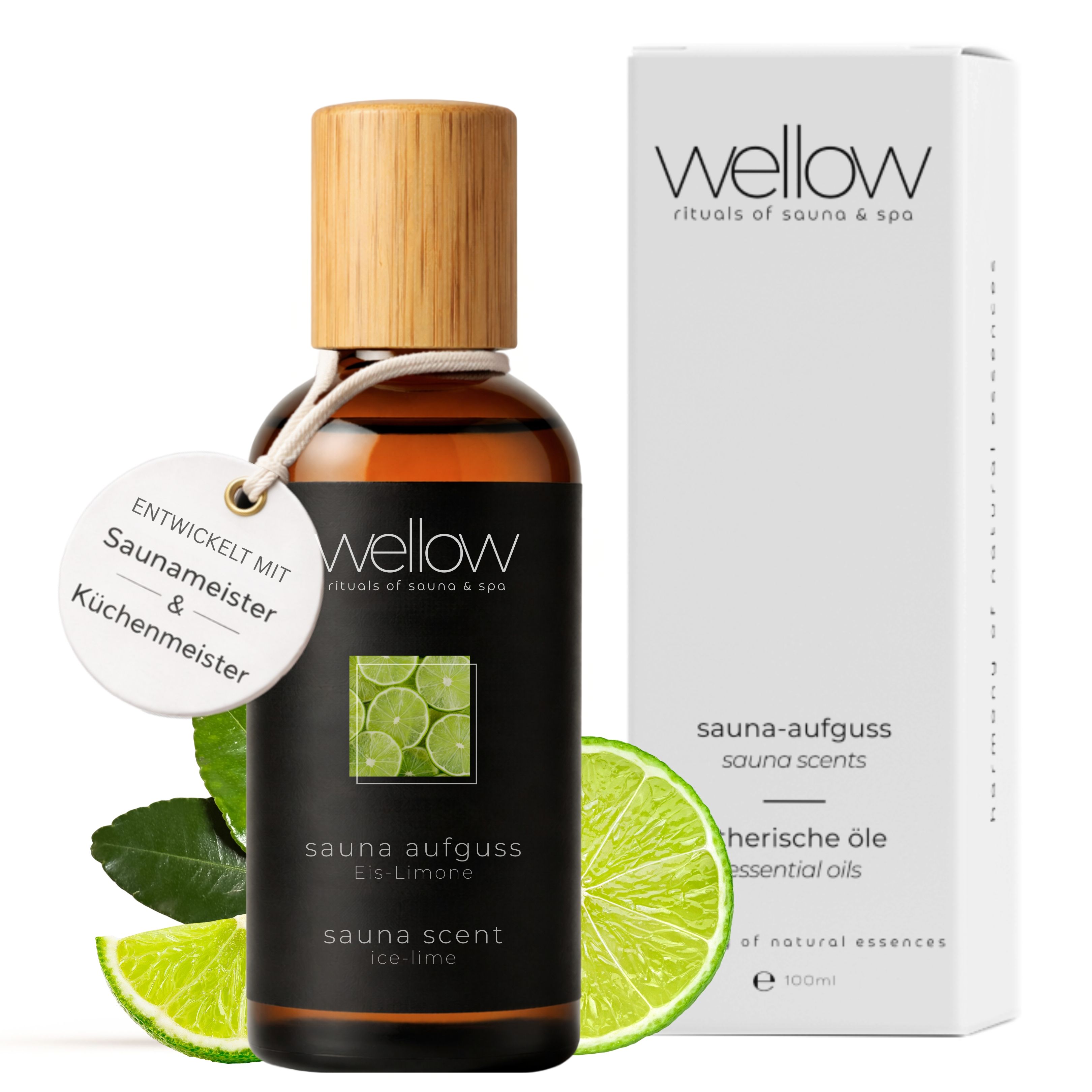 Bouteille et emballage de Wellow Sauna-Aufguss Eis-Limone. Texte: Sauna-Aufguss, Eis-Limone, huiles essentielles.