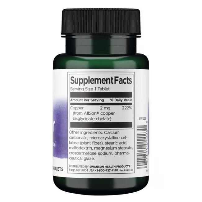 Dos du flacon. Étiquette "Supplement Facts". Contient du cuivre 2 mg. Autres ingrédients listés.