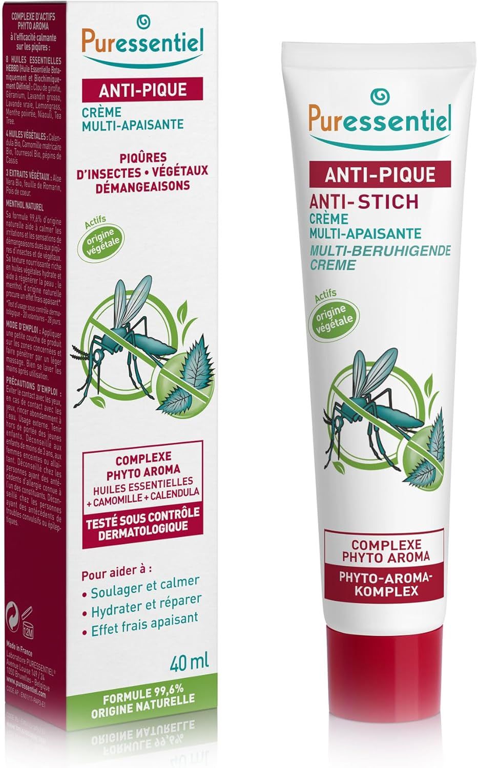 Tube et emballage de crème. Inscription: Anti-Pique, Multi-Apaisante, Crème. Illustration: moustique et feuilles. 40 ml.