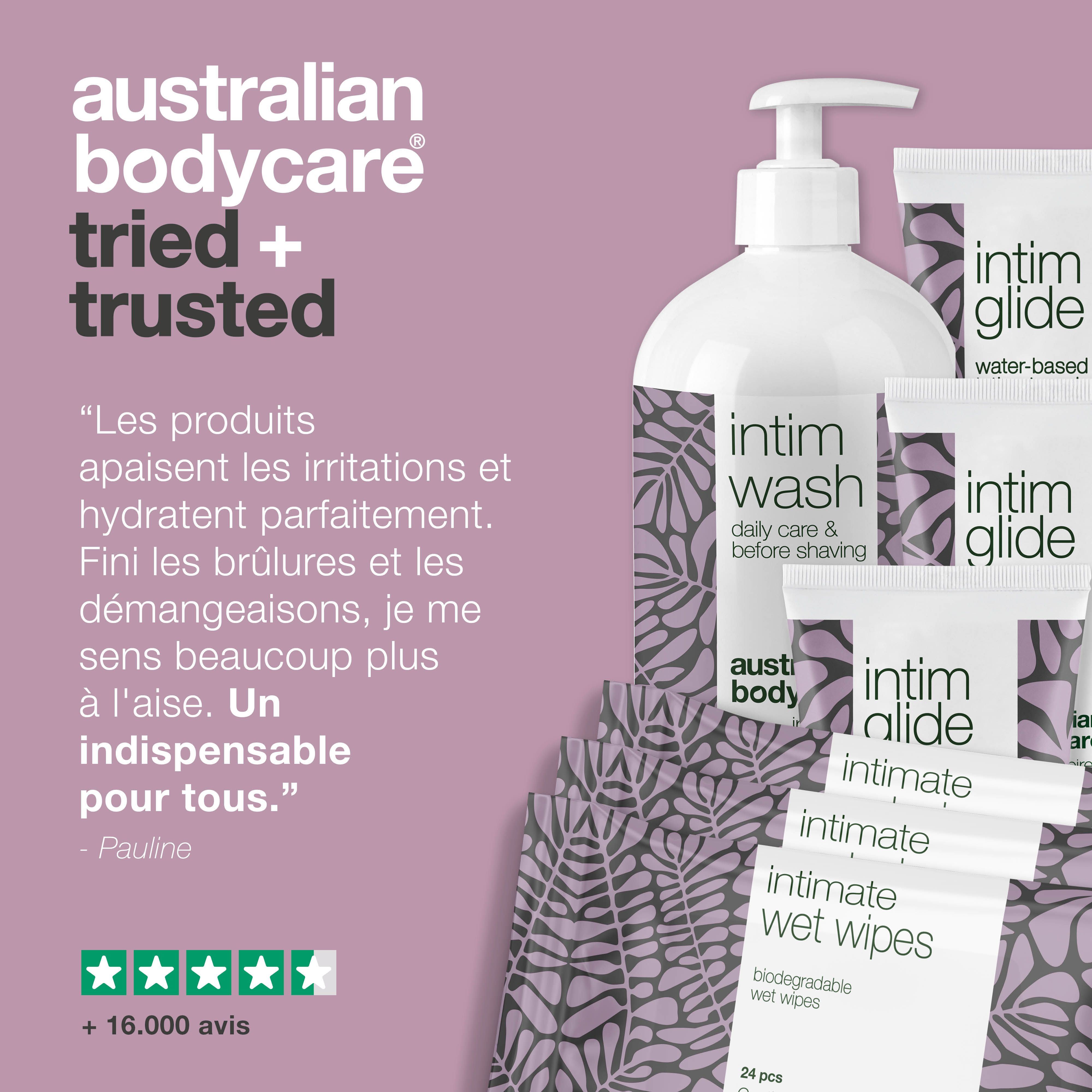 Collage de personnes avec des produits. Produits : Intim Wash, Intim Glide. Marque : Australian Bodycare.