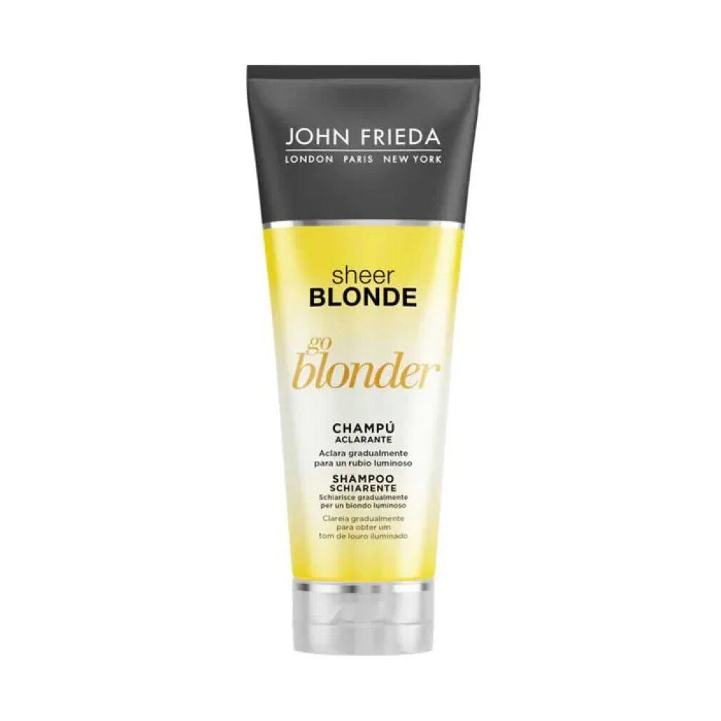 John Frieda Sheer Blonde Go Blonder shampoo. Gele tube met zwarte dop. Productnaam en logo duidelijk zichtbaar.