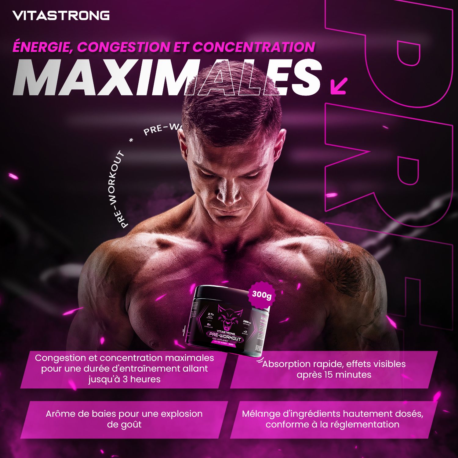 Man met product. Opschrift: Maximale energie, pomp en concentratie. Roze achtergrond.