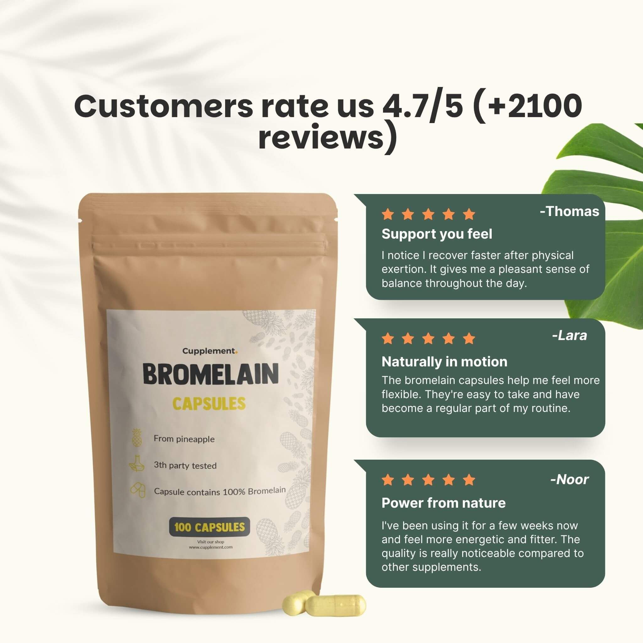 Sachet de gélules de bromélaïne et avis clients. Texte : Bromelain Capsules, 100 gélules. Évaluation client 4.7/5.