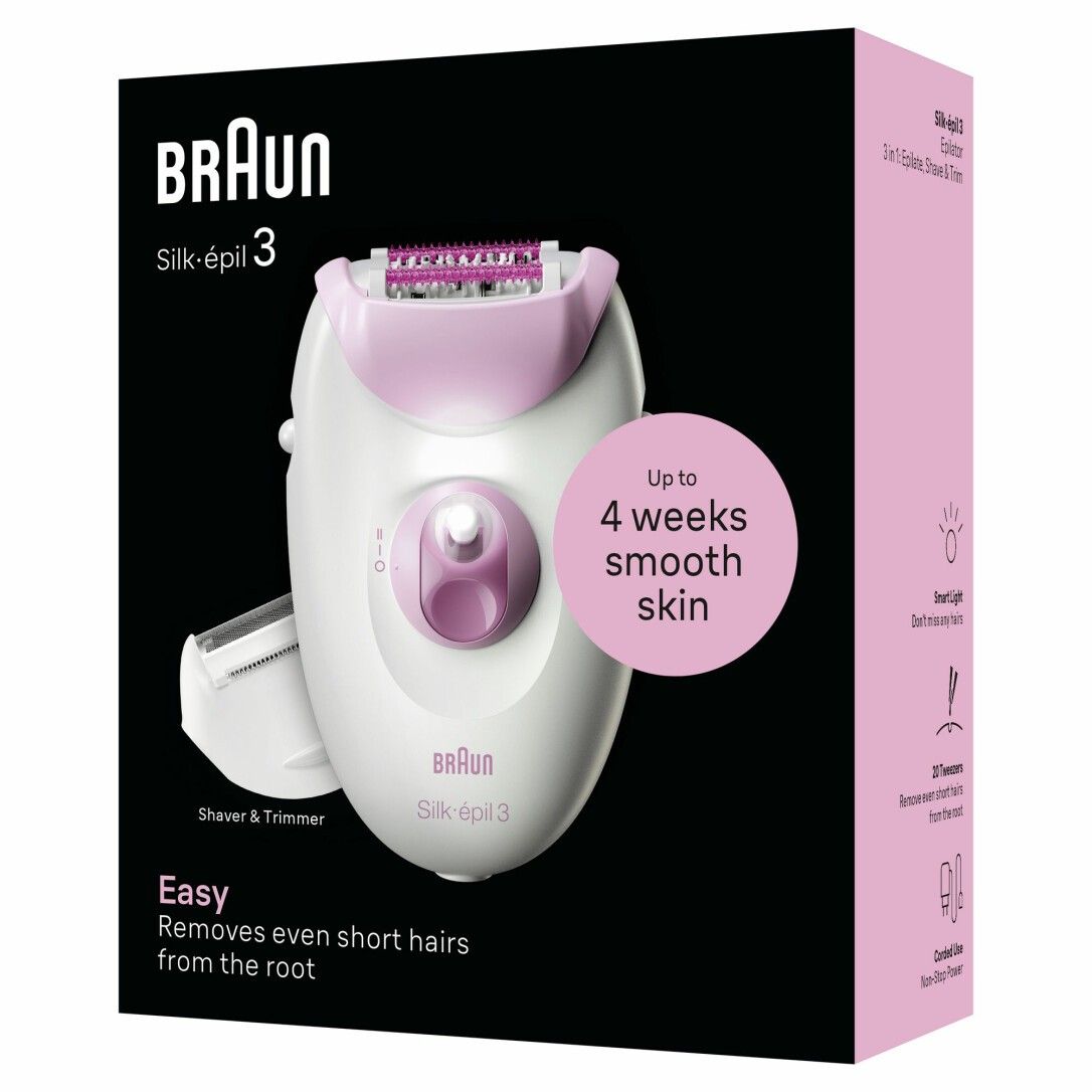 Braun Silk-épil 3 verpakking met afbeelding van het apparaat en informatie over ontharing.