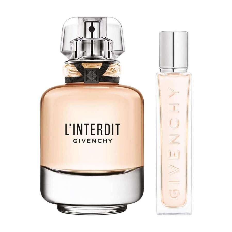Parfumfles en verstuiver. Fles met zwarte band en opschrift L'Interdit Givenchy. Verstuiver met opschrift Givenchy.