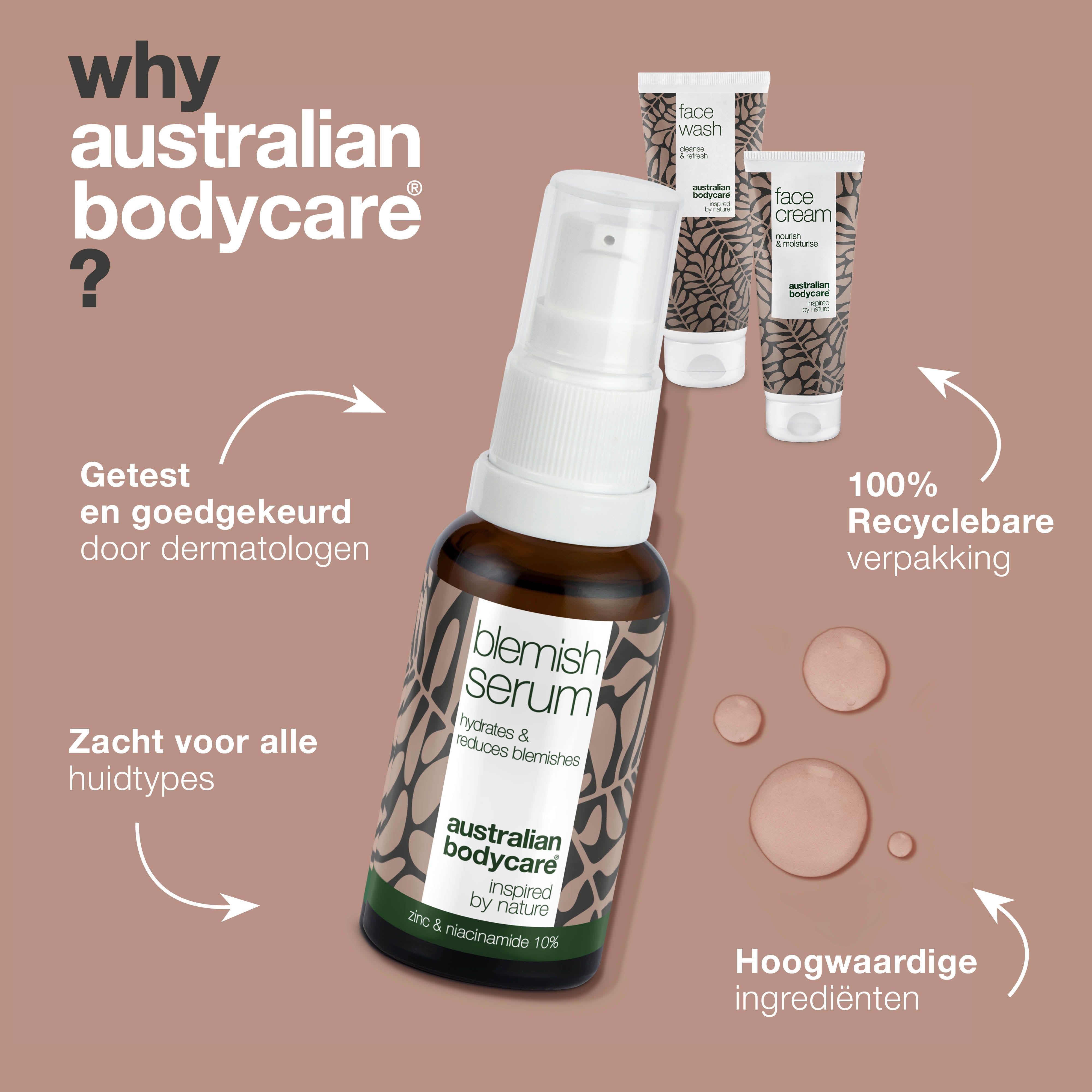 Bruine glazen fles met serum. Daarnaast producten: gezichtswas, crème. Tekst: waarom Australian Bodycare?