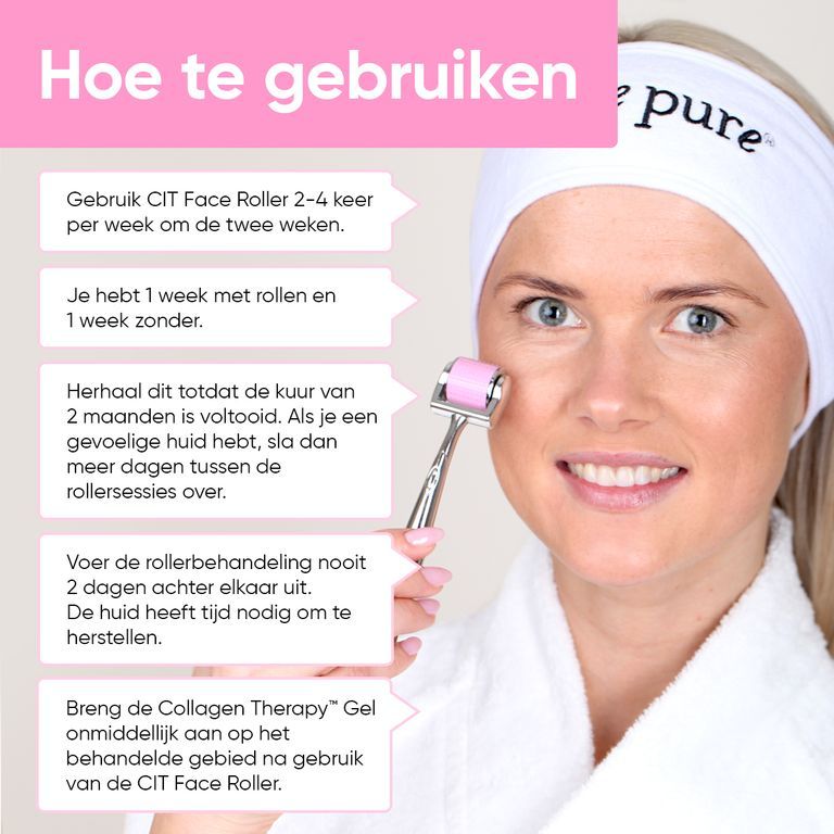 Vrouw met hoofdband gebruikt microneedling gezichtsroller op het voorhoofd.