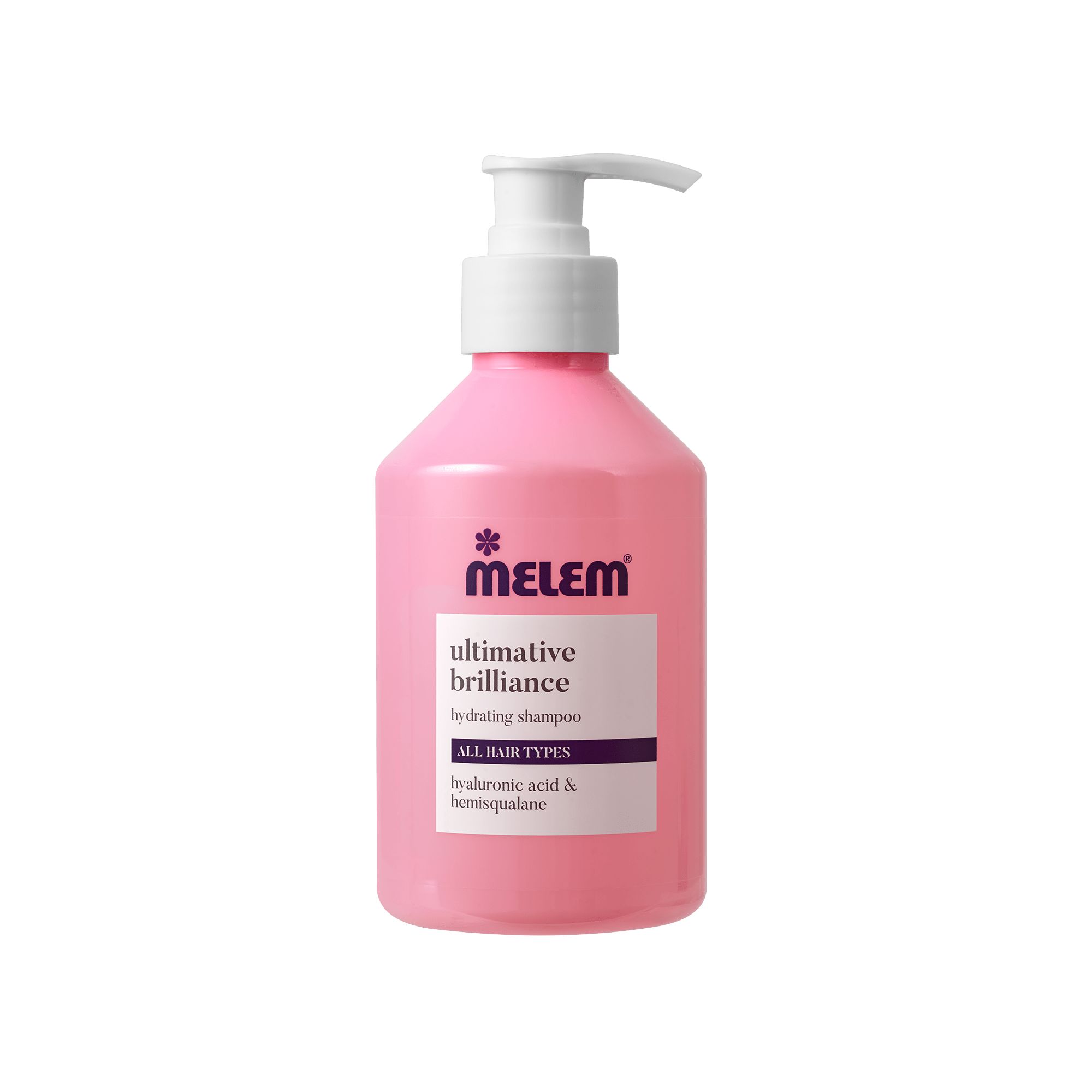 Roze shampoo fles met witte pomp. Label met tekst: MELEM, ultimative brilliance, ALL HAIR TYPES.