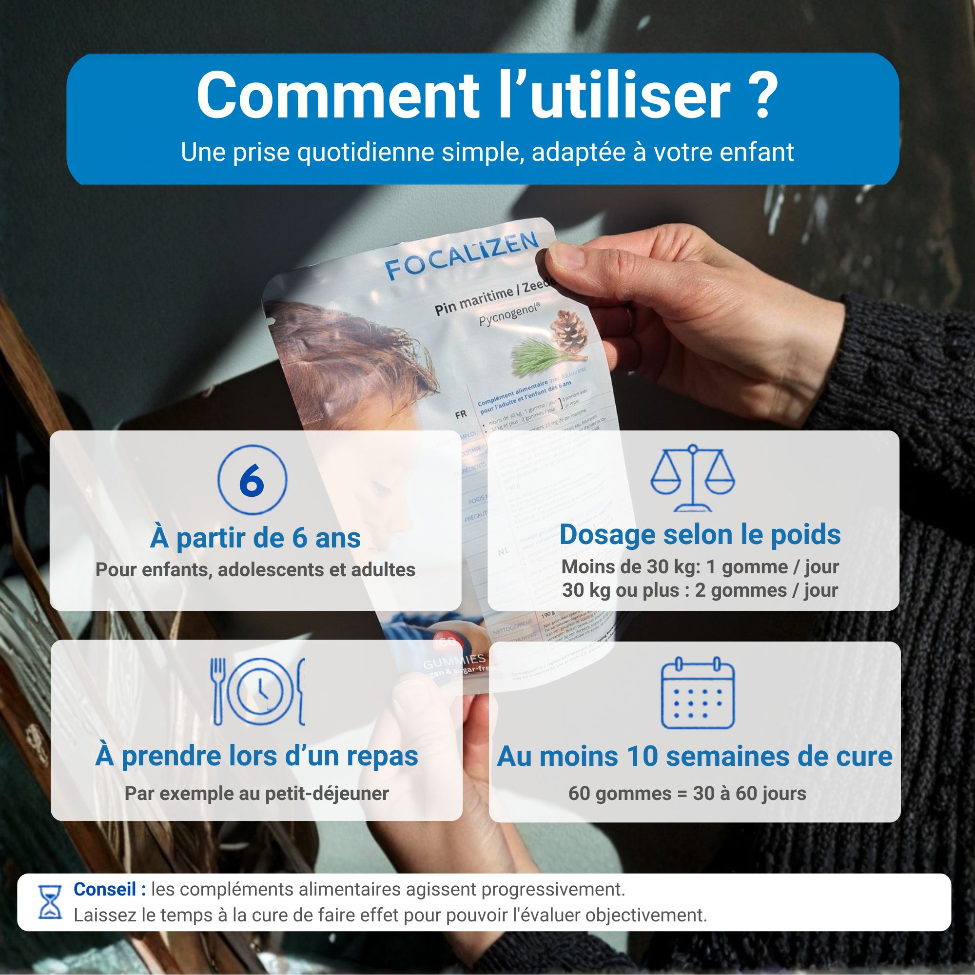 Sachet FOCALiZEN avec informations sur l'extrait de pin, origine et polyphénols.