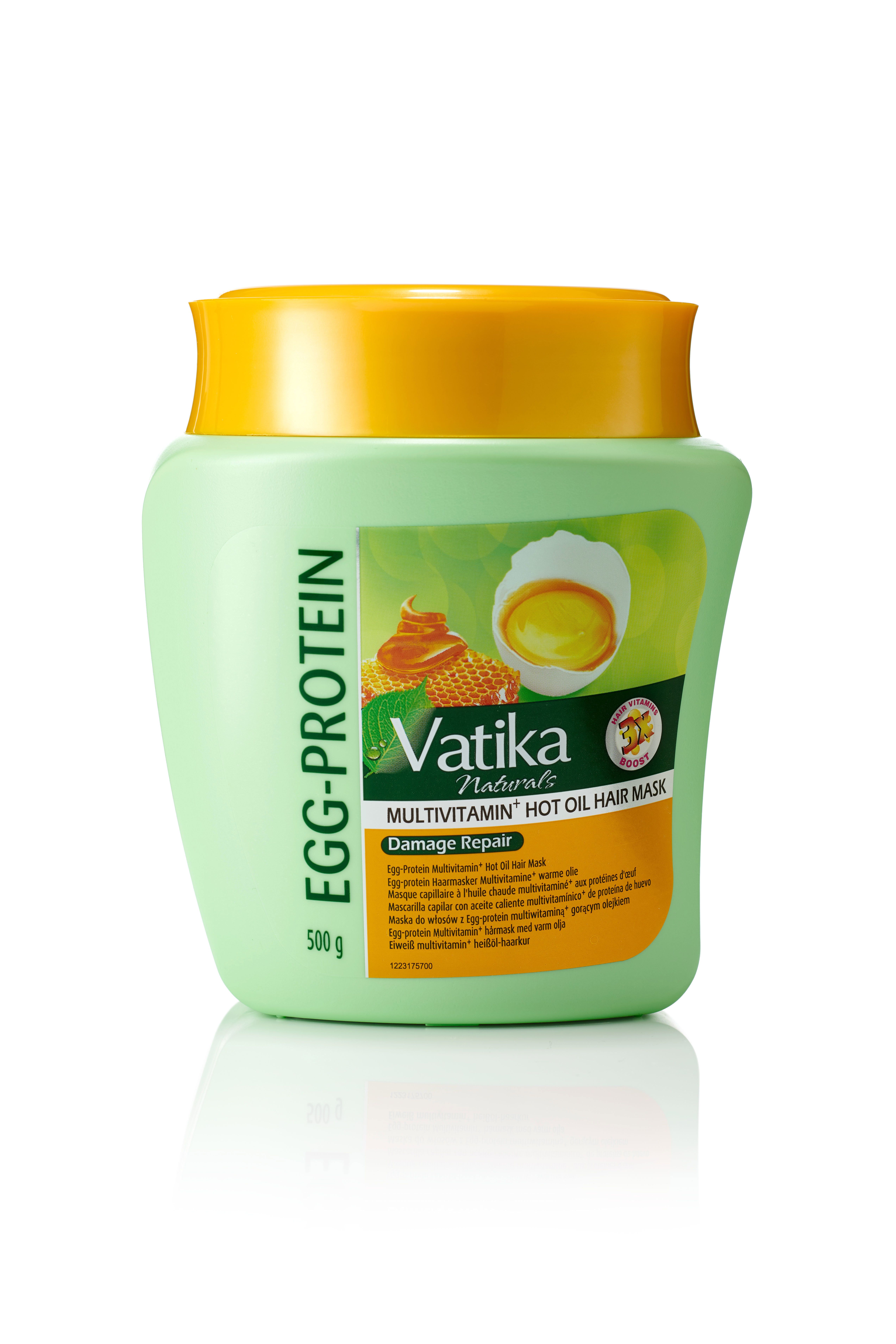 Groen haarmasker met gele deksel. Tekst: Vatika Naturals, Egg-Protein, Multivitamin, Hot Oil Hair Mask, Damage Repair. 500g.