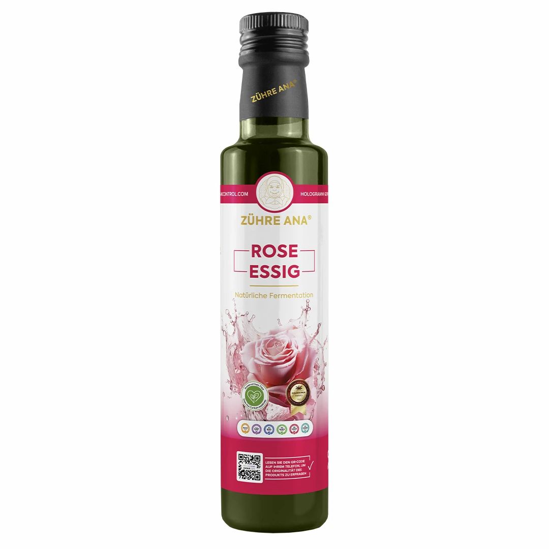 Bouteille de vinaigre de rose avec étiquette montrant une rose.