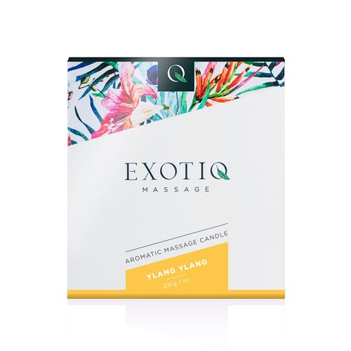 Verpakking voor massagekaars. Opdruk: Exotiq Massage, Ylang Ylang, 200g 7oz.