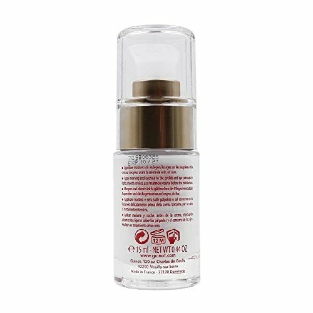 Achterkant van de serumfles. Opschrift: Guinot, Hydrazone Yeux Eye Cream Serum. Witte fles met gouden dop en transparante deksel.
