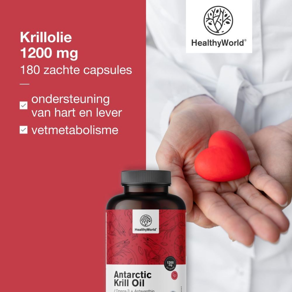Tekst en productafbeelding. Tekst: Krillolie 1200 mg. Logo: HealthyWorld. Opschrift: Antarctic Krill Oil. Bevat 180 capsules.