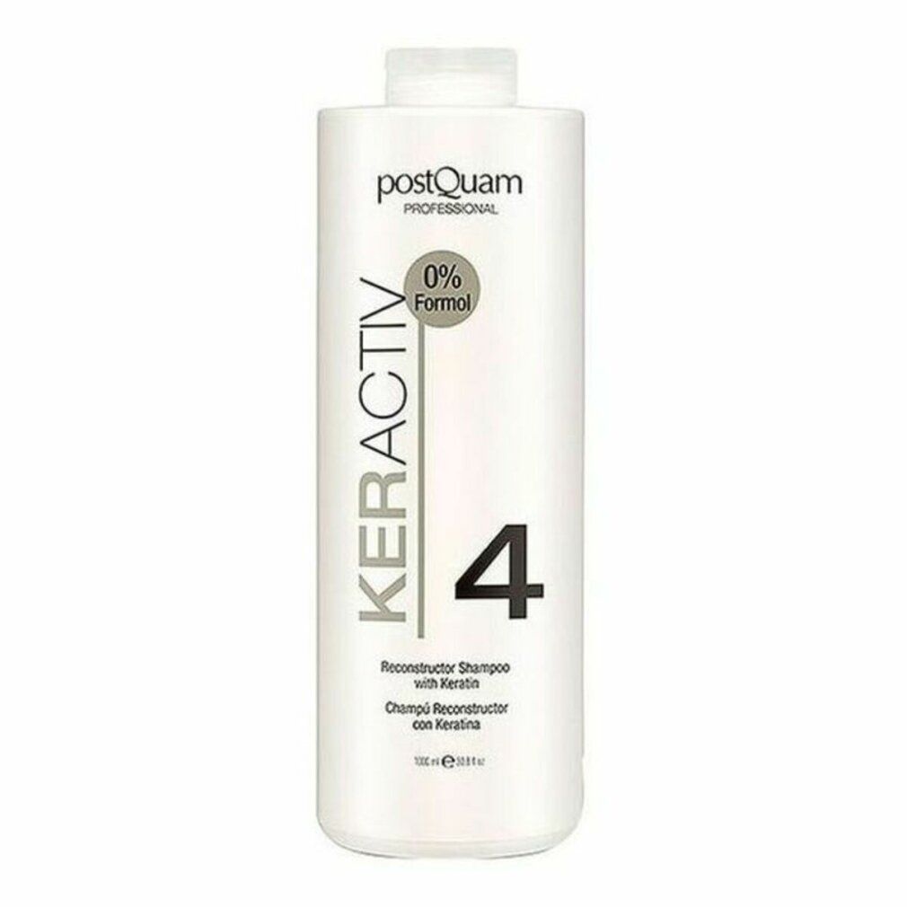Witte shampoo fles met KERACTIV, 4 en 0% Formol. Tekst: Reconstructor Shampoo with Keratin.