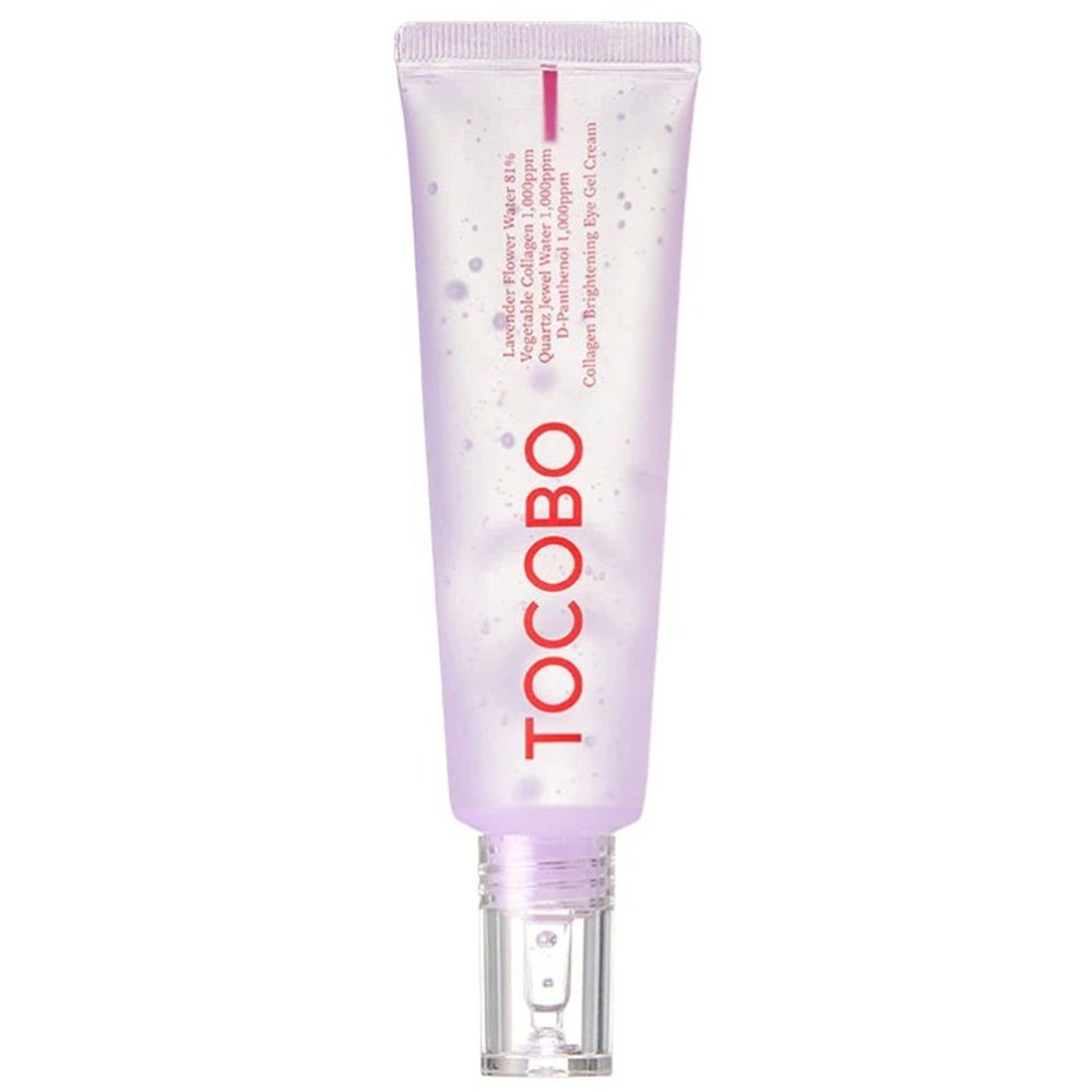 Tube lilas avec texte rouge TOCOBO et informations produit. Contenu gel transparent visible. Embout transparent.