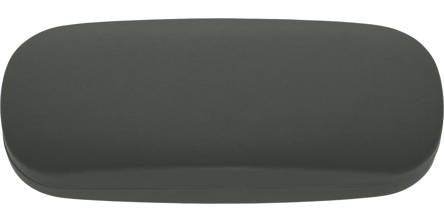 Étui rigide gris. Forme ovale, surface lisse. État fermé.