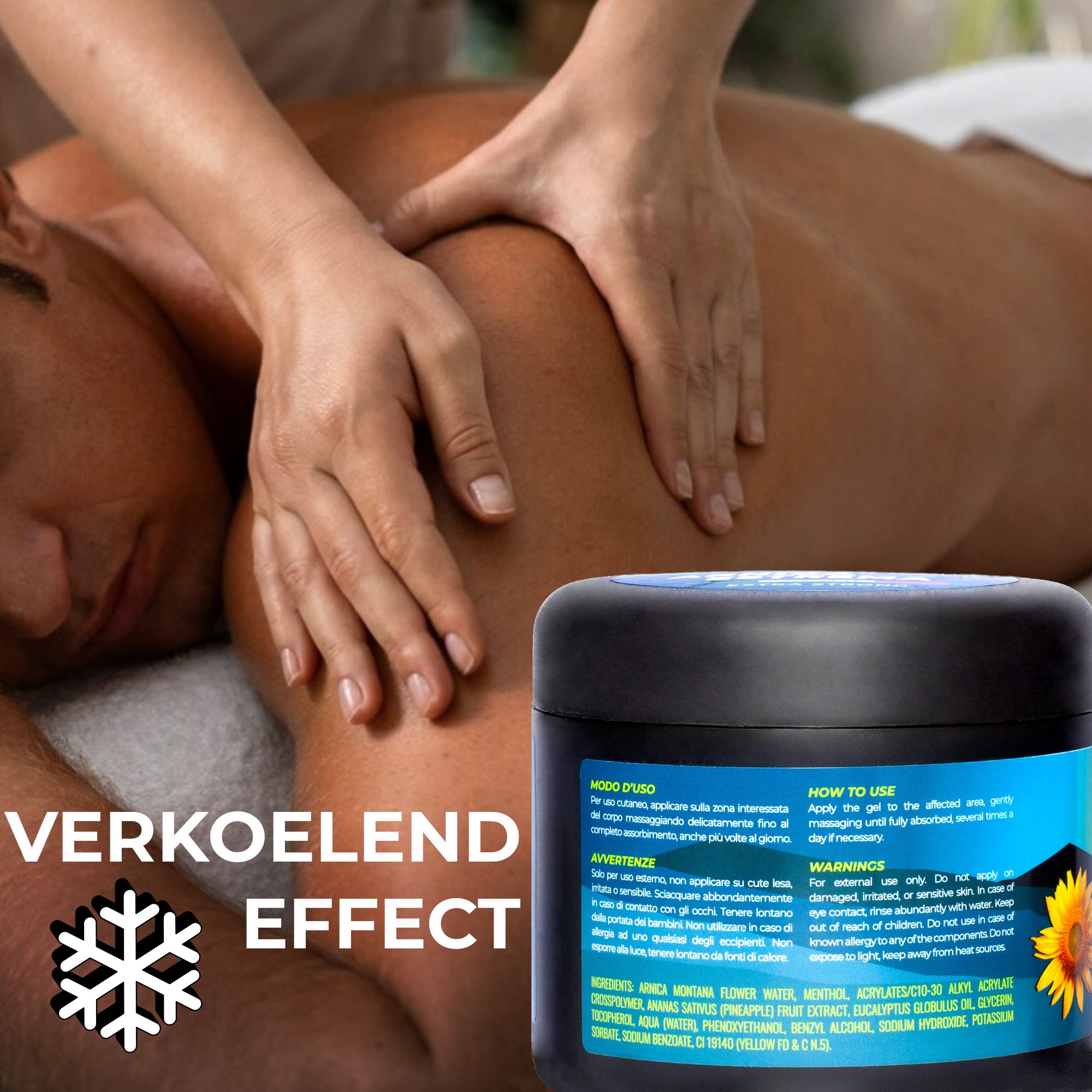 Twee potten: Arnica 98% Estrema (verkoelend) en Duivelsklauw + Arnica (verwarmend).