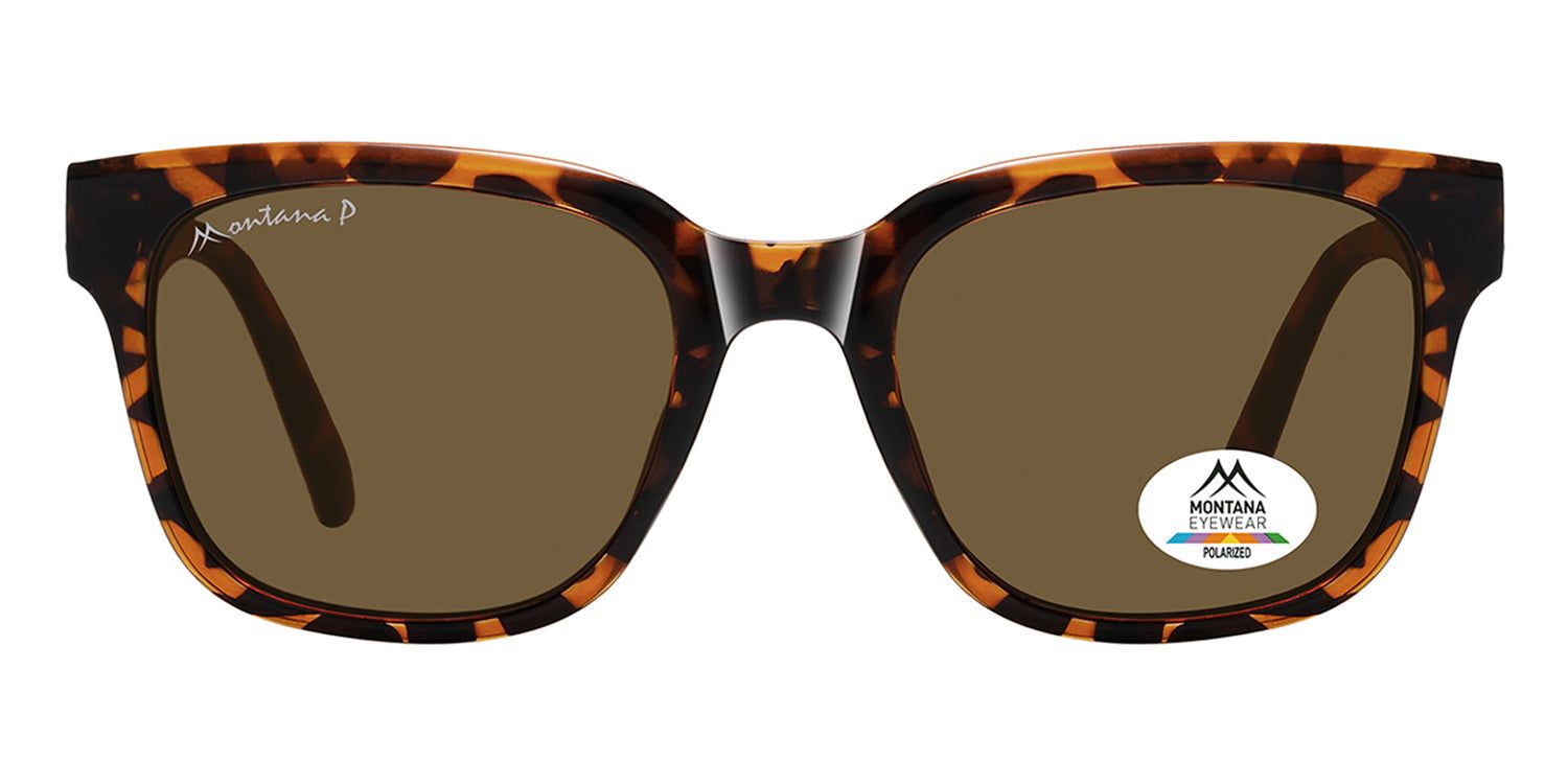 Lunettes de soleil marron et motif écaille de tortue. Logo Montana Eyewear et étiquette polarisée.