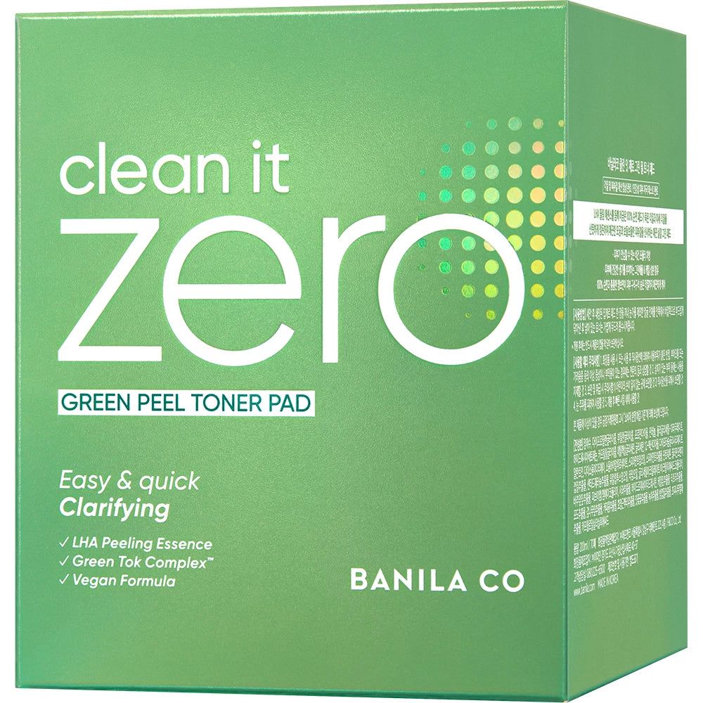 Emballage de produit vert avec texte. Inscription : clean it zero, Green Peel Toner Pad, Easy & quick Clarifying.
