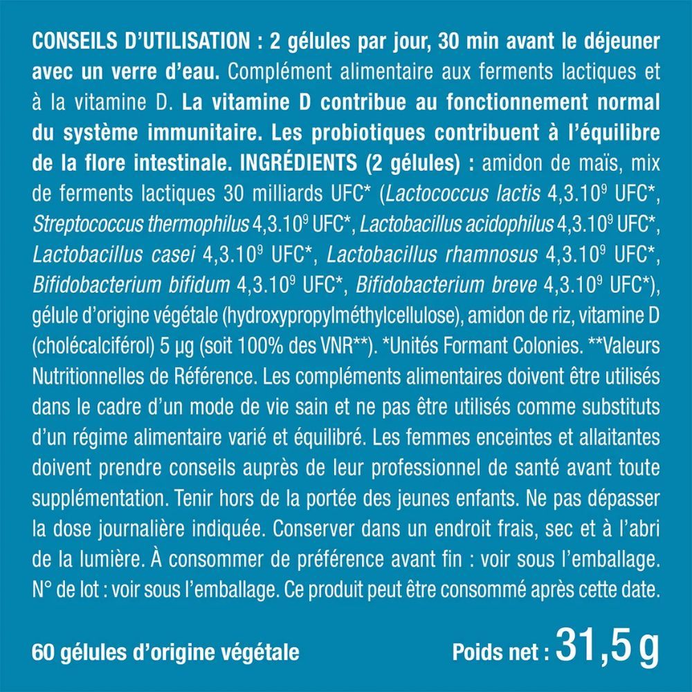 Conseils d'utilisation : 2 gélules par jour, avant le petit-déjeuner. Ingrédients, avertissements, poids 31,5g.