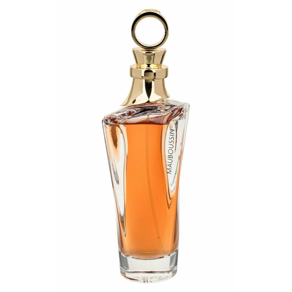 Flacon de parfum. Bouchon doré. Flacon avec contenu doré. Inscription Mauboussin.