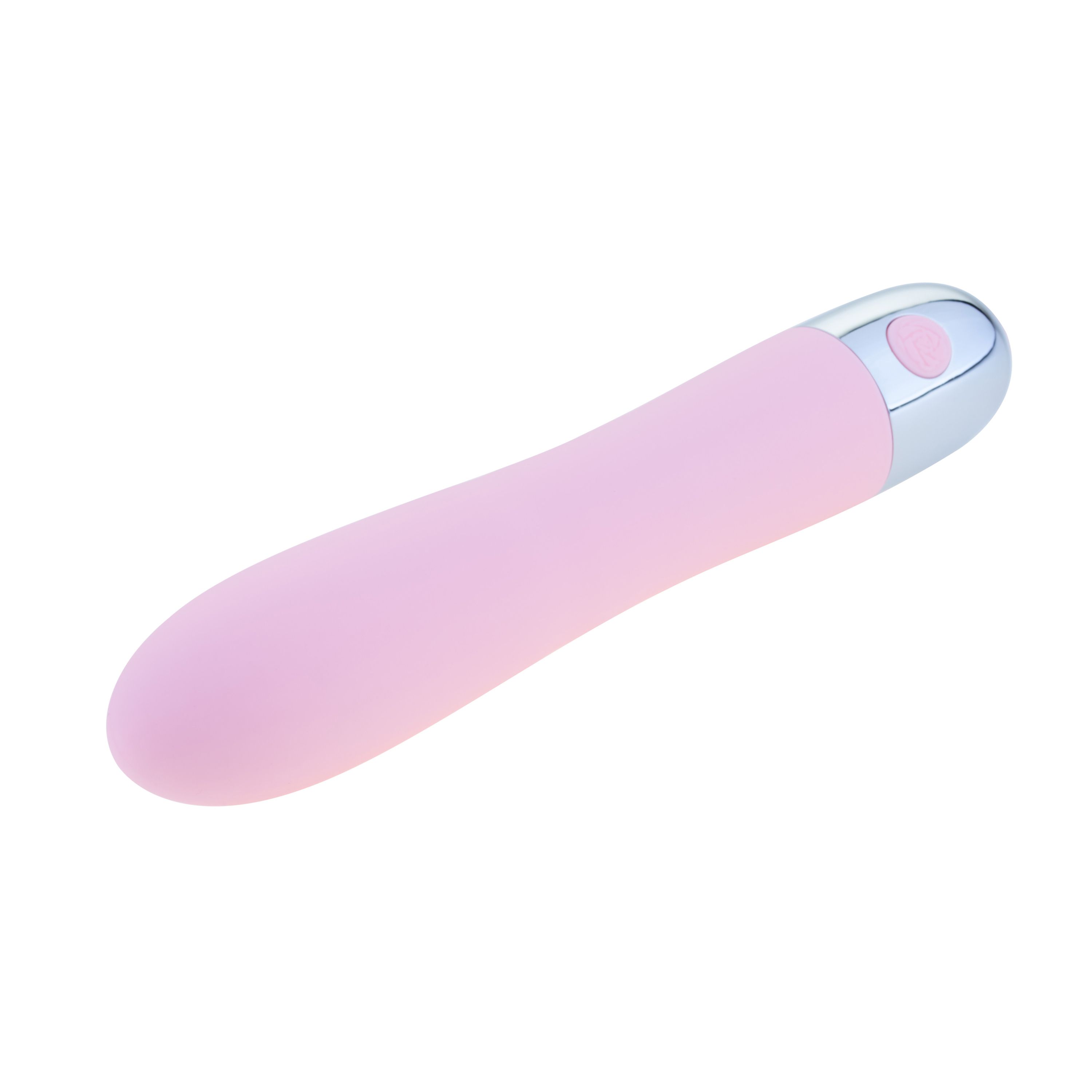 Vibrateur rose avec extrémité argentée et bouton. Surface lisse, forme ergonomique.
