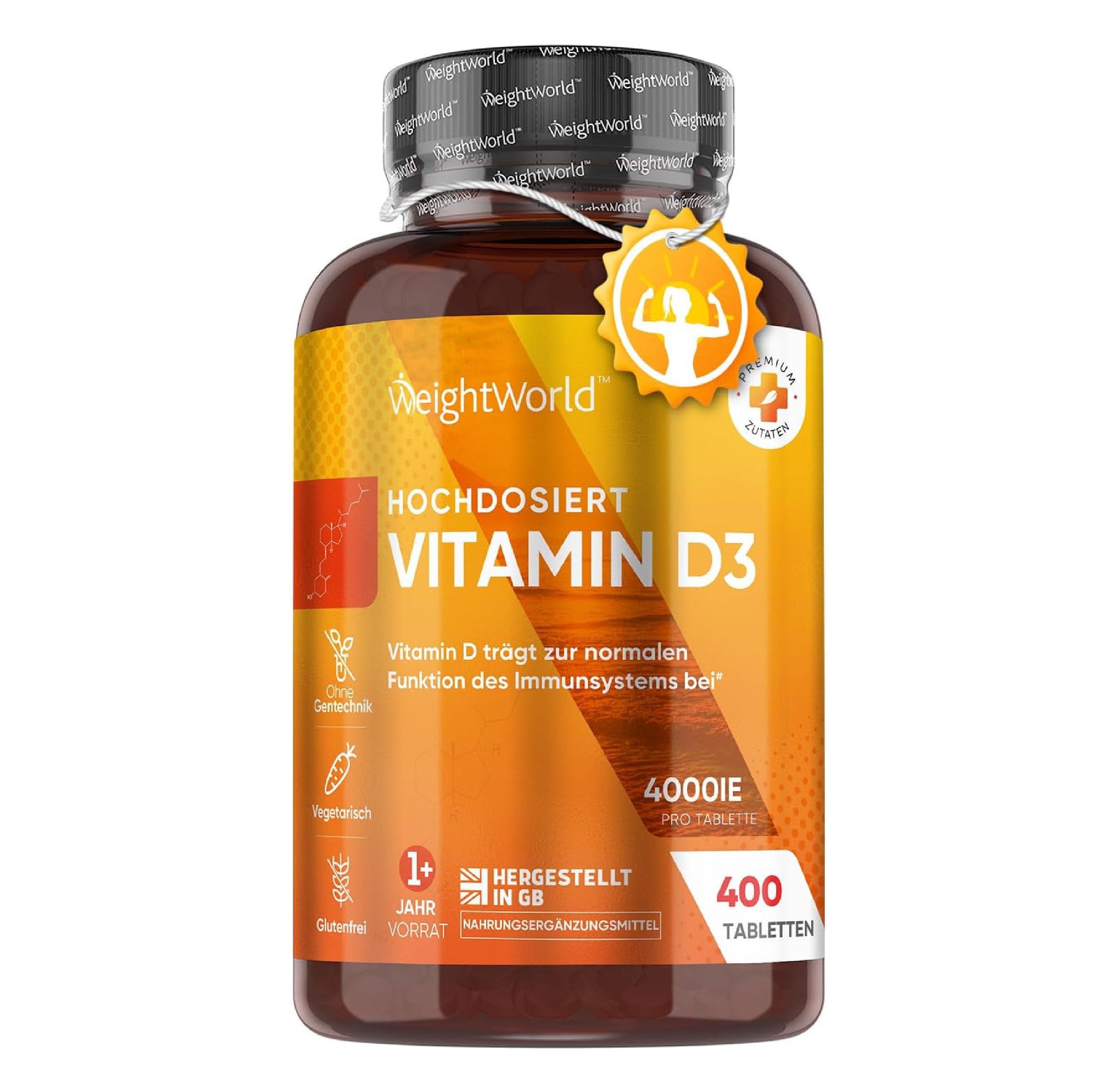 Bruine fles vitamine D3. Tekst: Hoog gedoseerd Vitamine D3 4000 IE. 400 tabletten. Logo: WeightWorld.