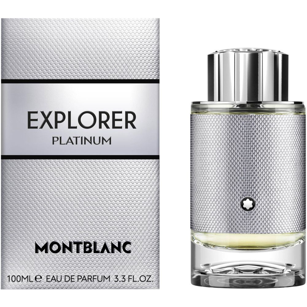 Montblanc Explorer Platinum EdP Nat. Spray. Zilverkleurige flacon en verpakking. Opschrift: EXPLORER PLATINUM, MONTBLANC.