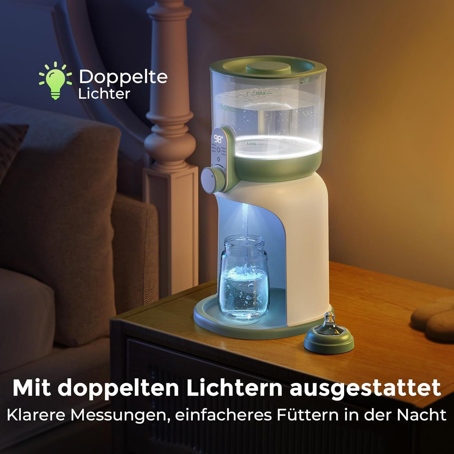Chauffe-biberon avec double lumière pour une utilisation nocturne.