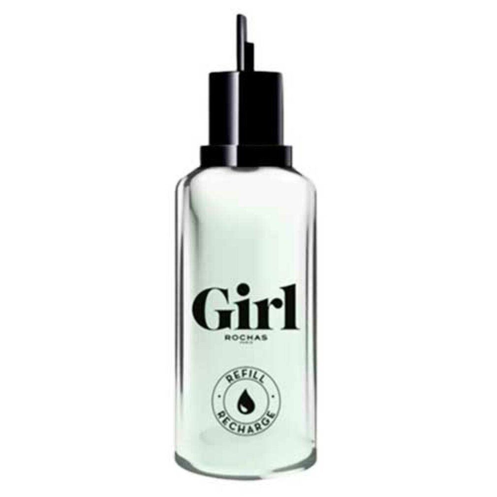 Girl Eau de Toilette. Verre blanc, bouchon noir. Texte : Girl, Rochas, Refill Recharge. Forme ronde, bouchon noir.