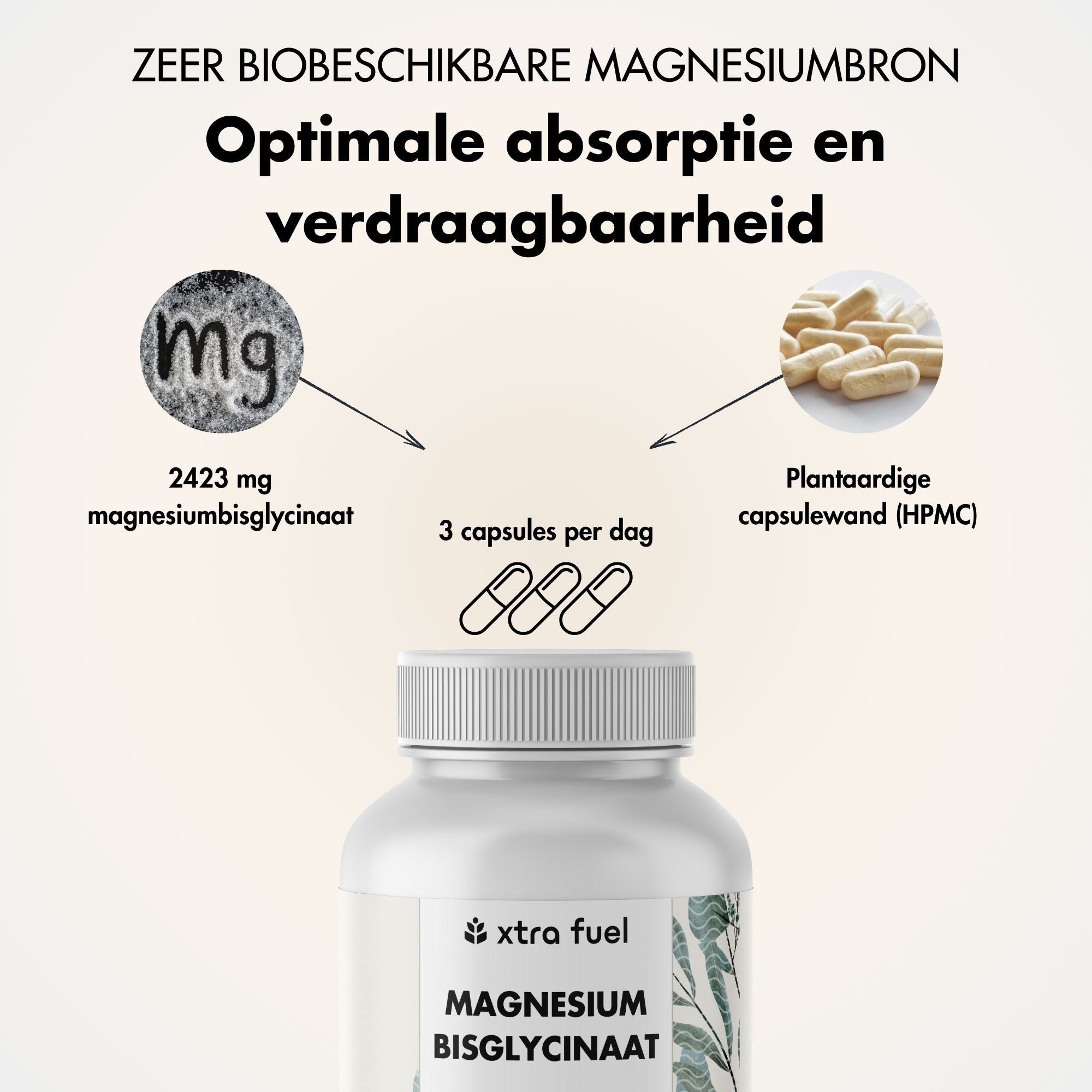 Witte fles met capsules. Tekst: XTRA FUEL Magnesium Bisglycinaat. 3 capsules. Details.