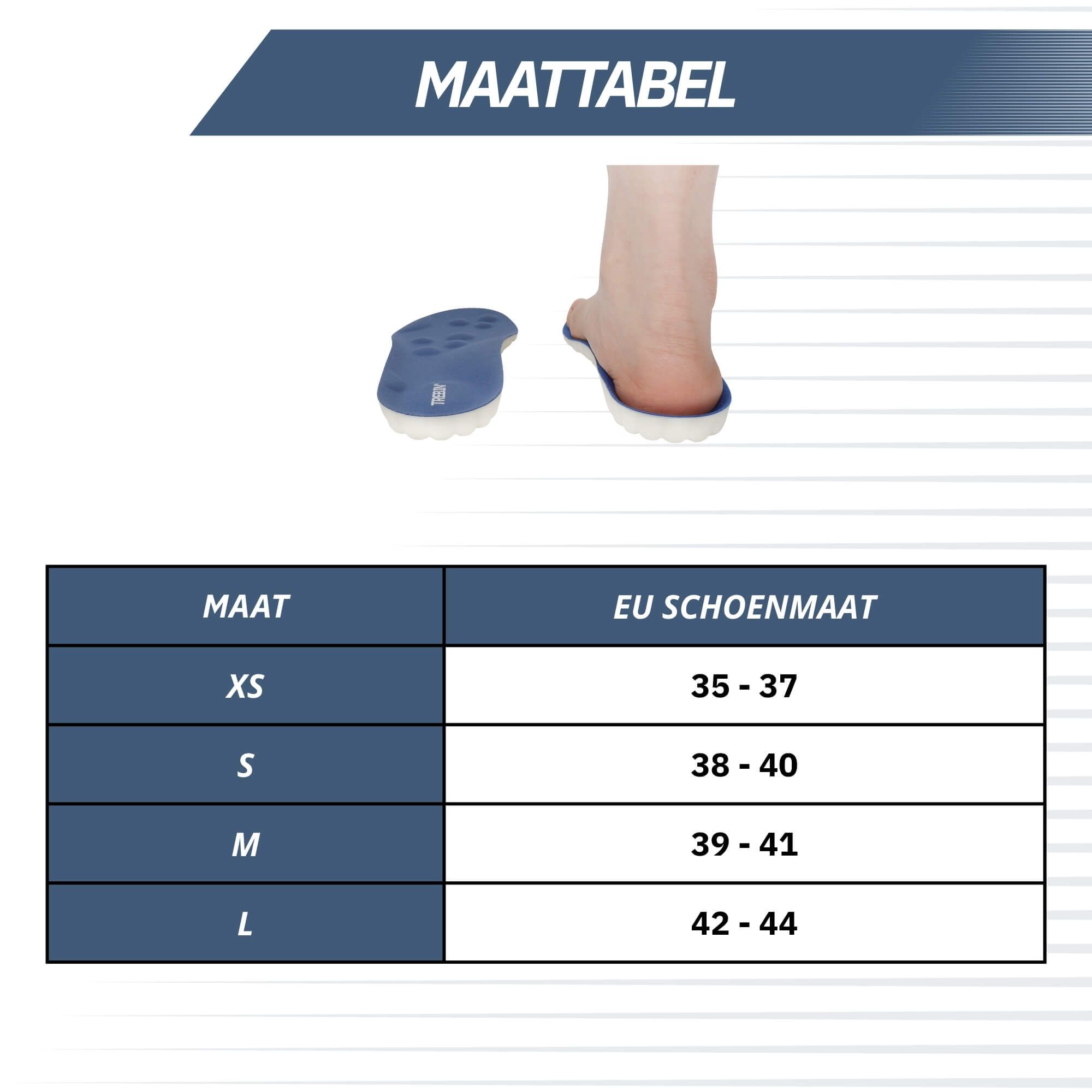 Tableau des tailles pour semelles intérieures : XS (35-37) à L (42-44).