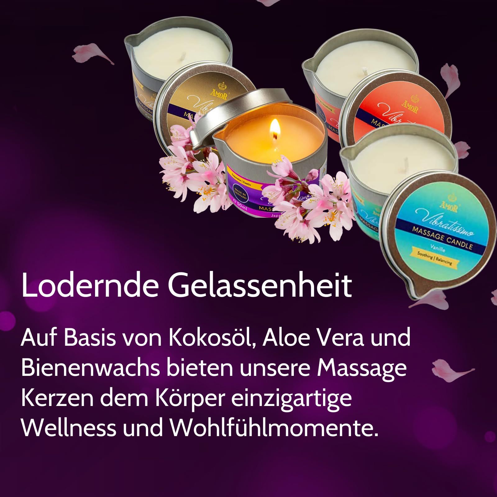 Meerdere massagekaarsen in blikken, sommige versierd met bloemen.