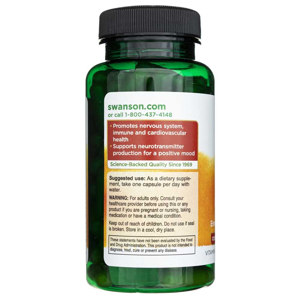 Achterkant van de SWANSON Balance B-50 Complex fles met informatie over zenuw-, immuun- en cardiovasculaire gezondheid.