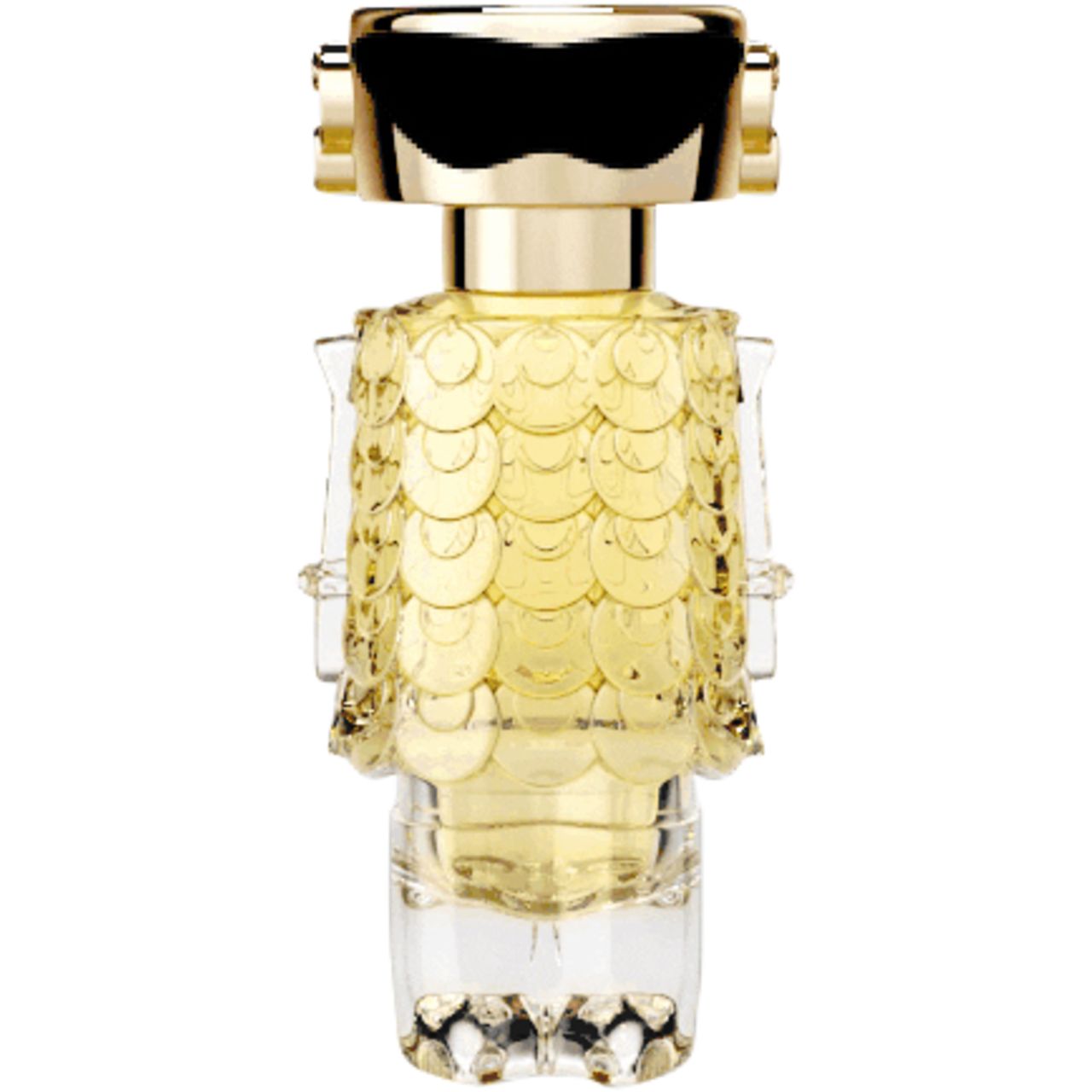 Paco Rabanne Fame Eau de Parfum. Flacon doré avec liquide jaune.