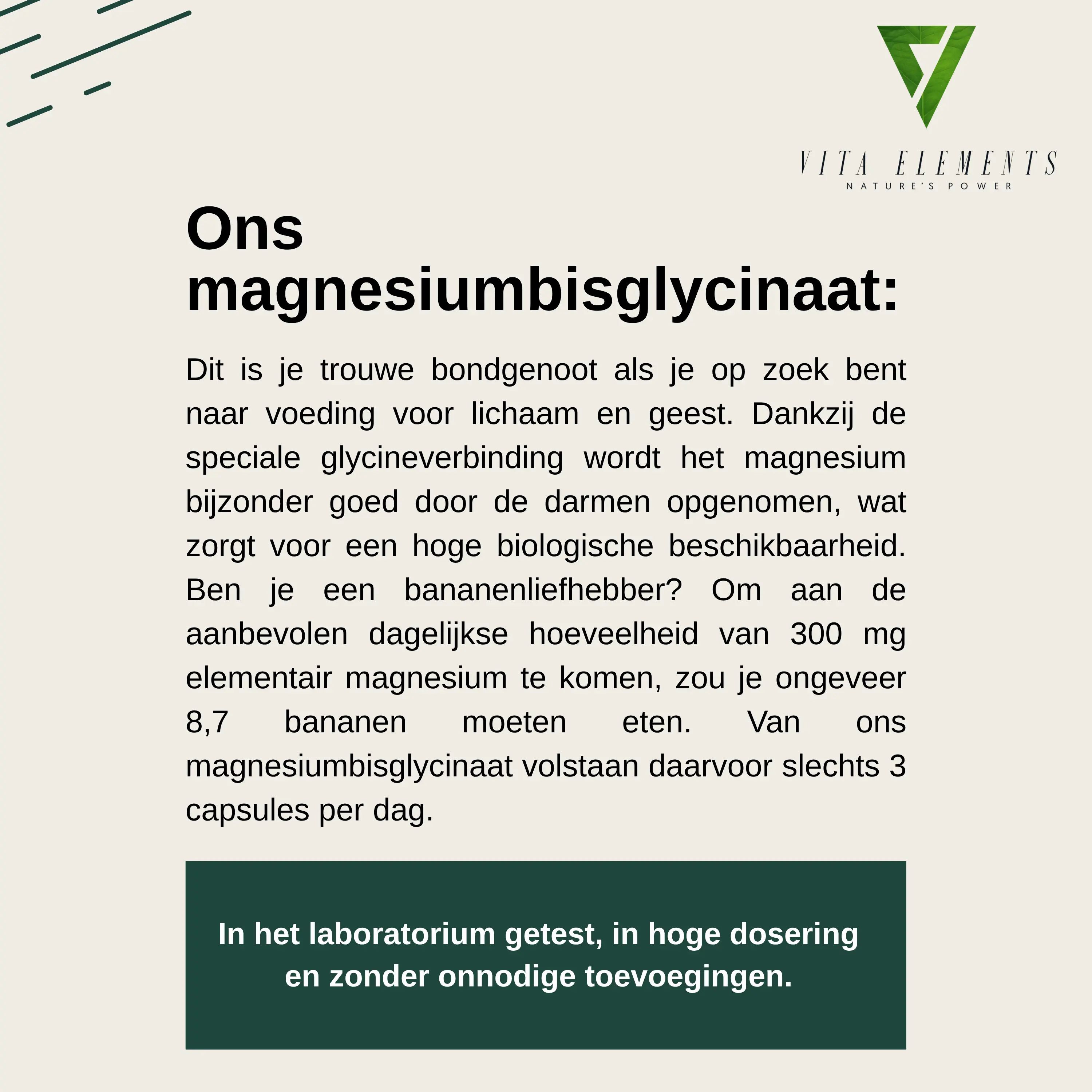 Zwarte pot met Vita Elements Magnesiumbisglycinaat capsules, 180 stuks, vegan.