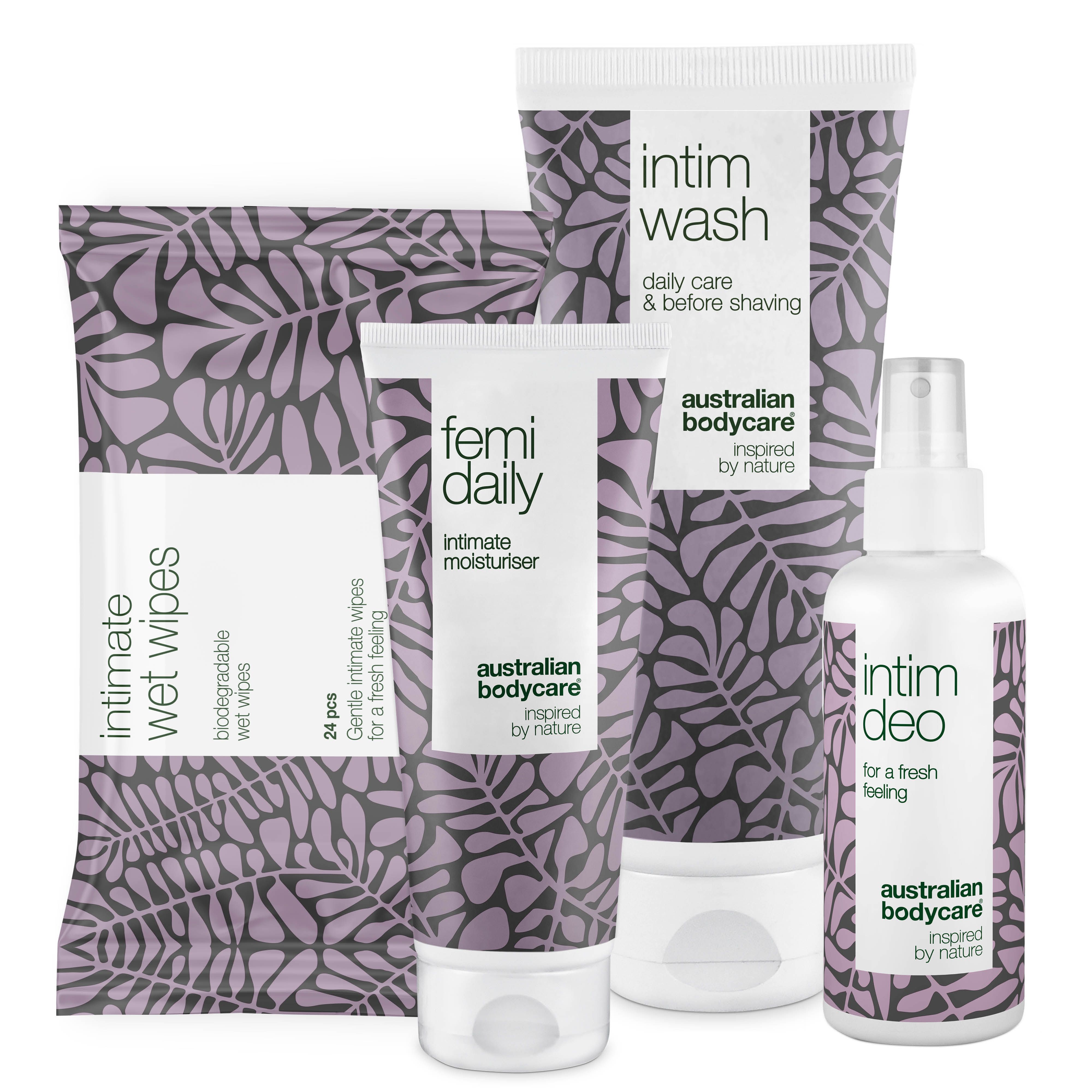 Ensemble de produits d'hygiène intime. Lingettes, gel lavant, hydratant et déodorant. Emballage à motifs de feuilles.
