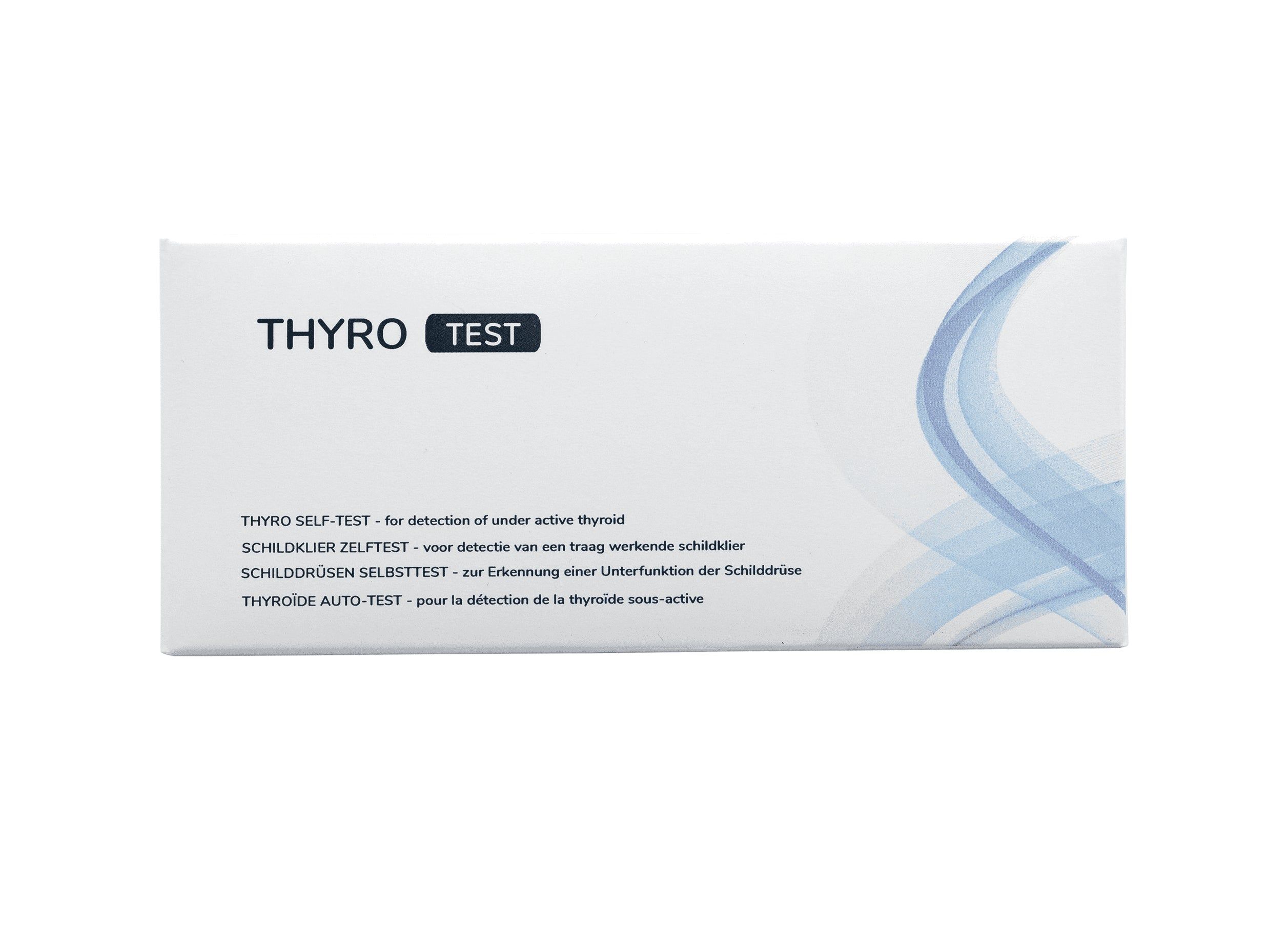 Emballage de l'auto-test Thyro Test avec informations produit et lignes ondulées bleues.