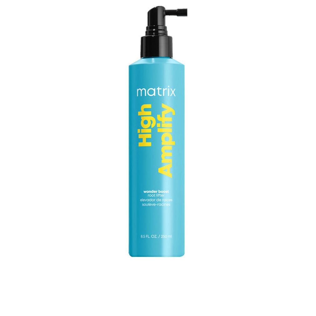 Turquoise fles met gele tekst: Matrix, High Amplify, Wonder Boost, Root Lifter. Zwarte pomp.