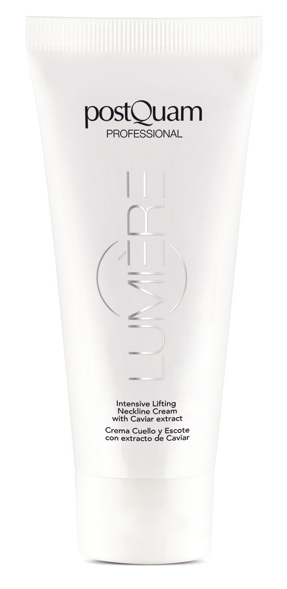 Tube blanc avec texte et logo. Texte: PostQuam Professional, Caviar Lumiere. Intensive Lifting Neckline Cream.