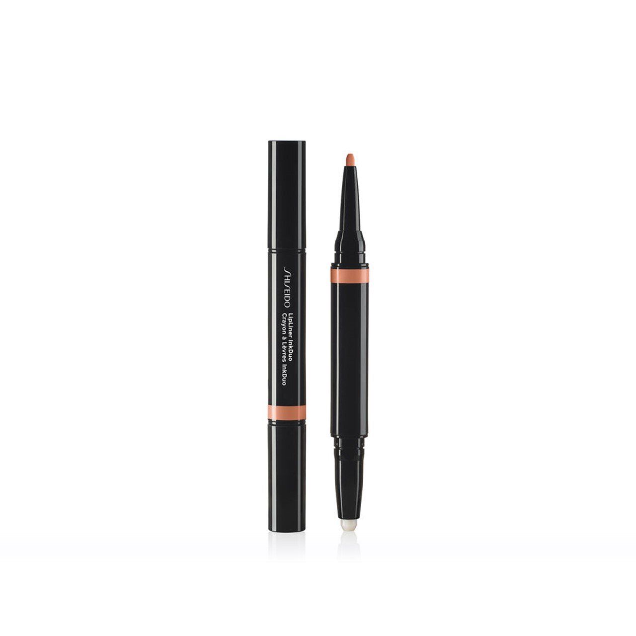 SHISEIDO Lip Liner Ink Duo 01. Zwarte pen met beige kleur. Eén uiteinde is een lipliner, de andere een applicator.